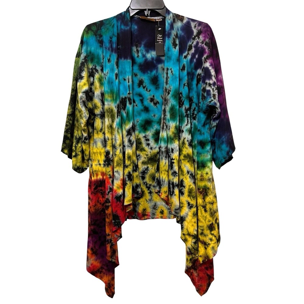 NWT Tie Dye Rainbow Open Front Waterfall Cardigan Shrug Boho Festival One Size